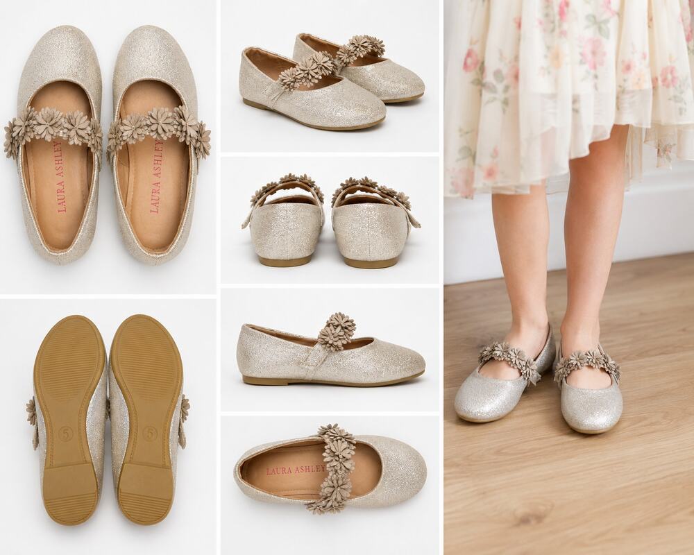 Laura Ashley Girls Glitter Mary Jane Flats with Floral Strap – Size 5